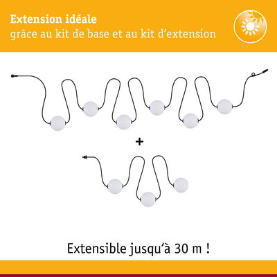Guirlande LED extensible avec boules blanches et câble noir, jusqu’à 30 mètres de longueur