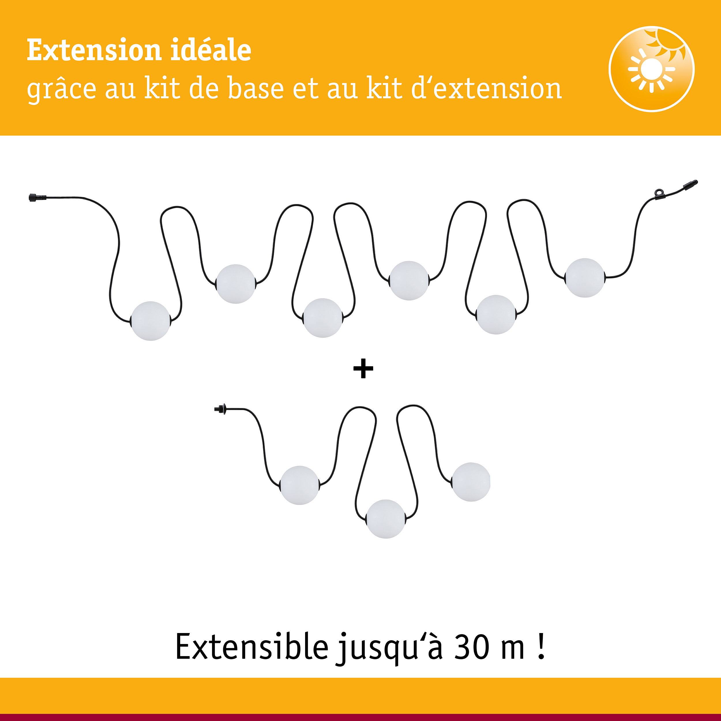 Câble lumineux LED extensible avec sphères blanches et câble noir pour éclairage flexible jusqu'à 30 mètres