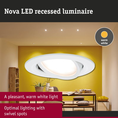 Nova LED recessed spotlight in white with warm white light and swivel spots for optimal room lighting