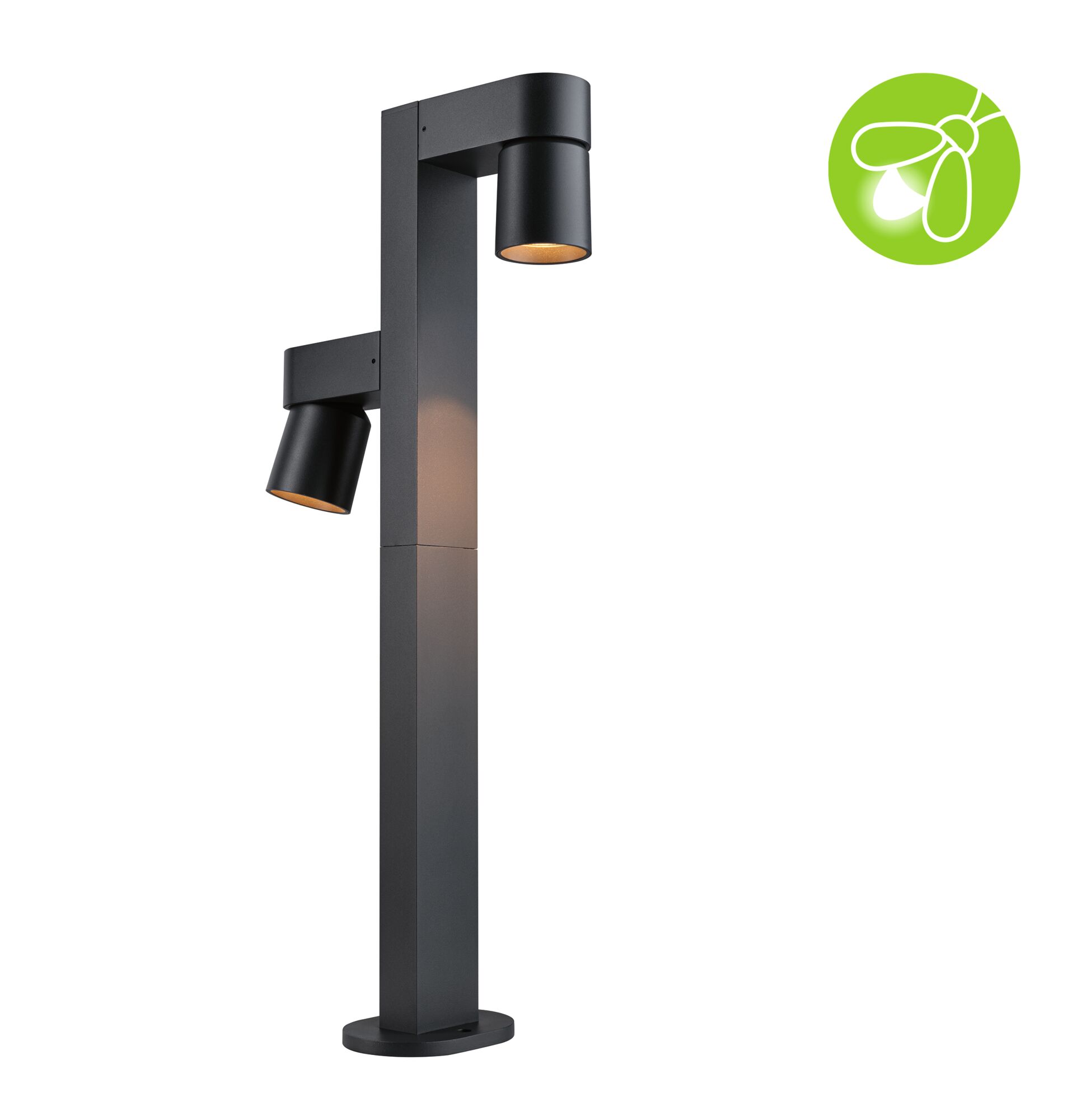 Moderne zwarte aluminium buitenstraal met twee verstelbare lampen voor tuinverlichting.