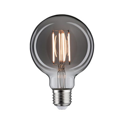 Round LED bulb with clear glass and visible filaments, energy-saving light source