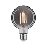 Round LED bulb with clear glass and visible filaments, energy-saving light source