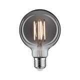 Round LED bulb with clear glass and visible filaments, energy-saving light source