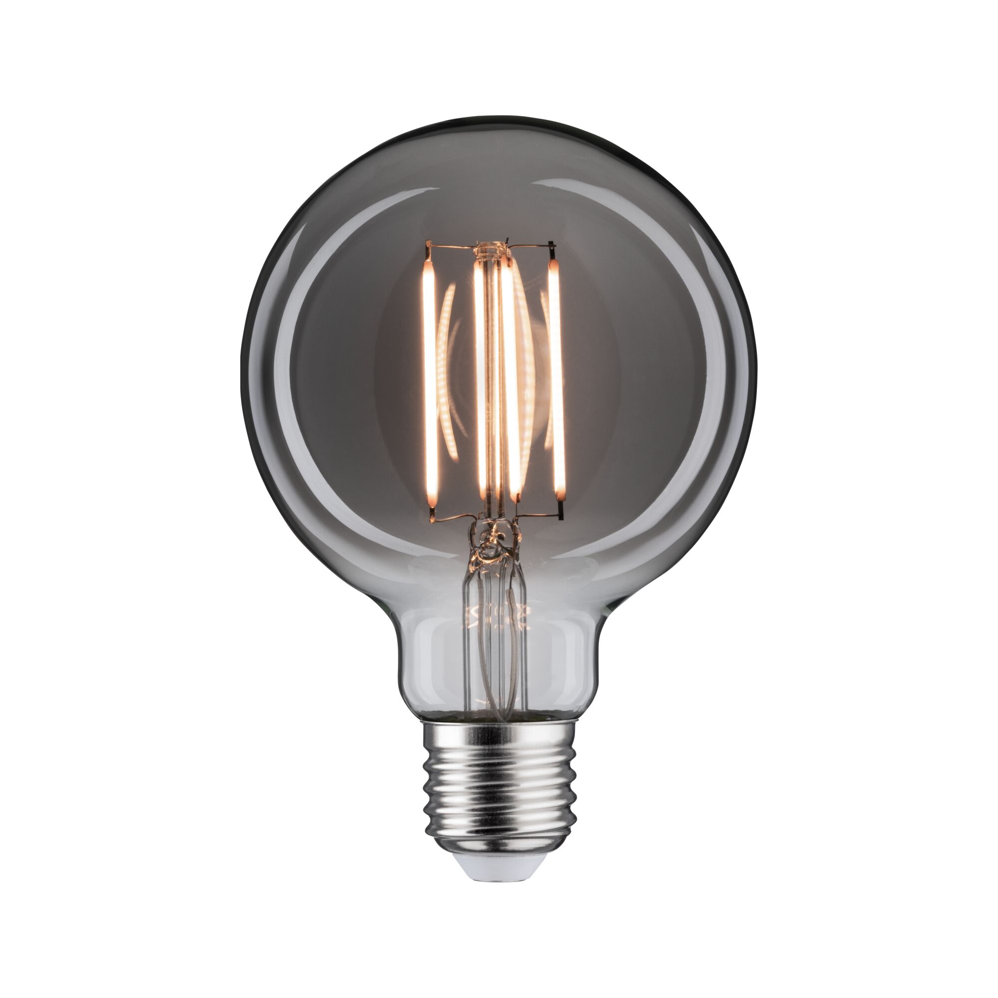 1879 Vlákno 230V LED Globe G95 E27 420lm 8W 2200K stmívatelný Kouřové sklo Runde LED-Glühbirne mit klarem Glas und sichtbaren Filamenten, energiesparende Leuchte