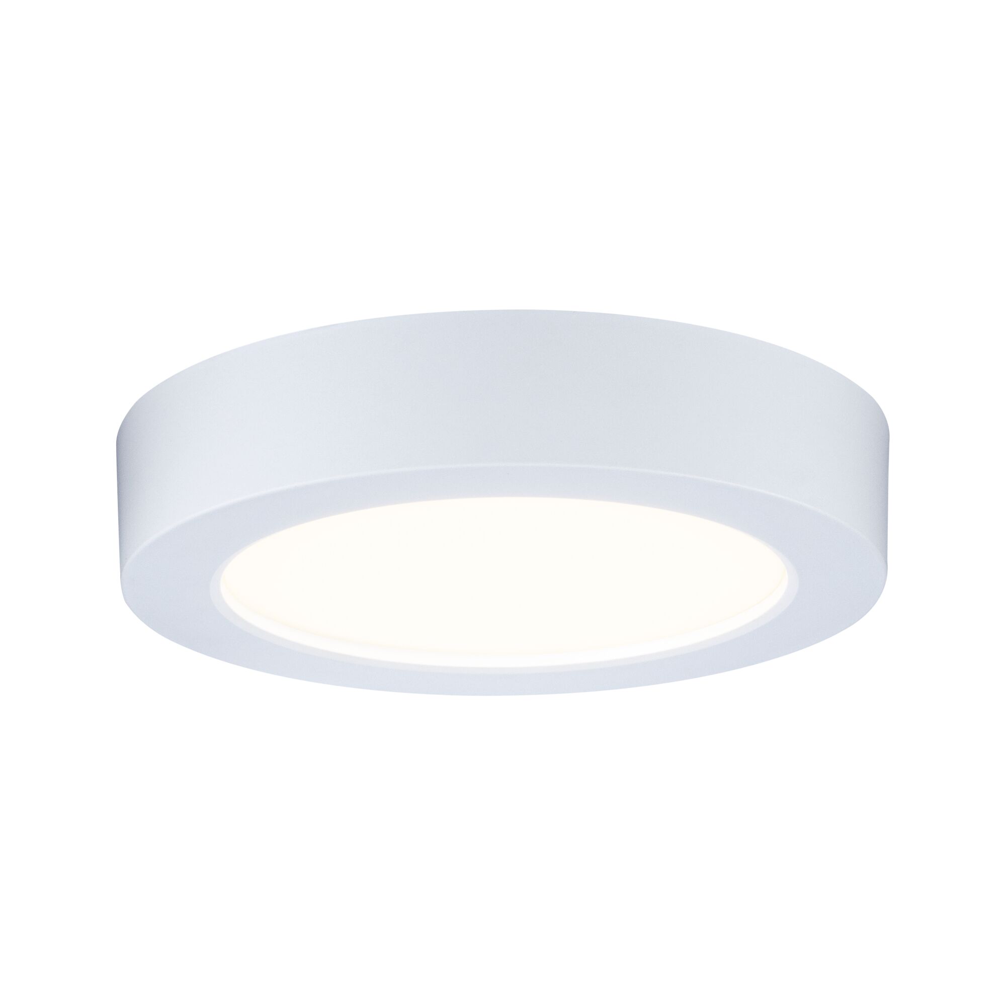 Round white LED ceiling light made of plastic with warm white light for modern interiors