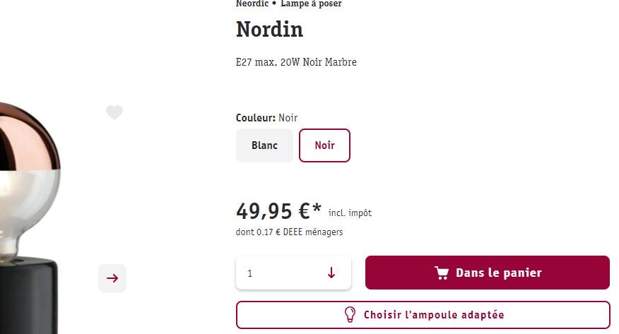 Lampe à poser Nordin noire avec socle en marbre et douille E27 max 20W