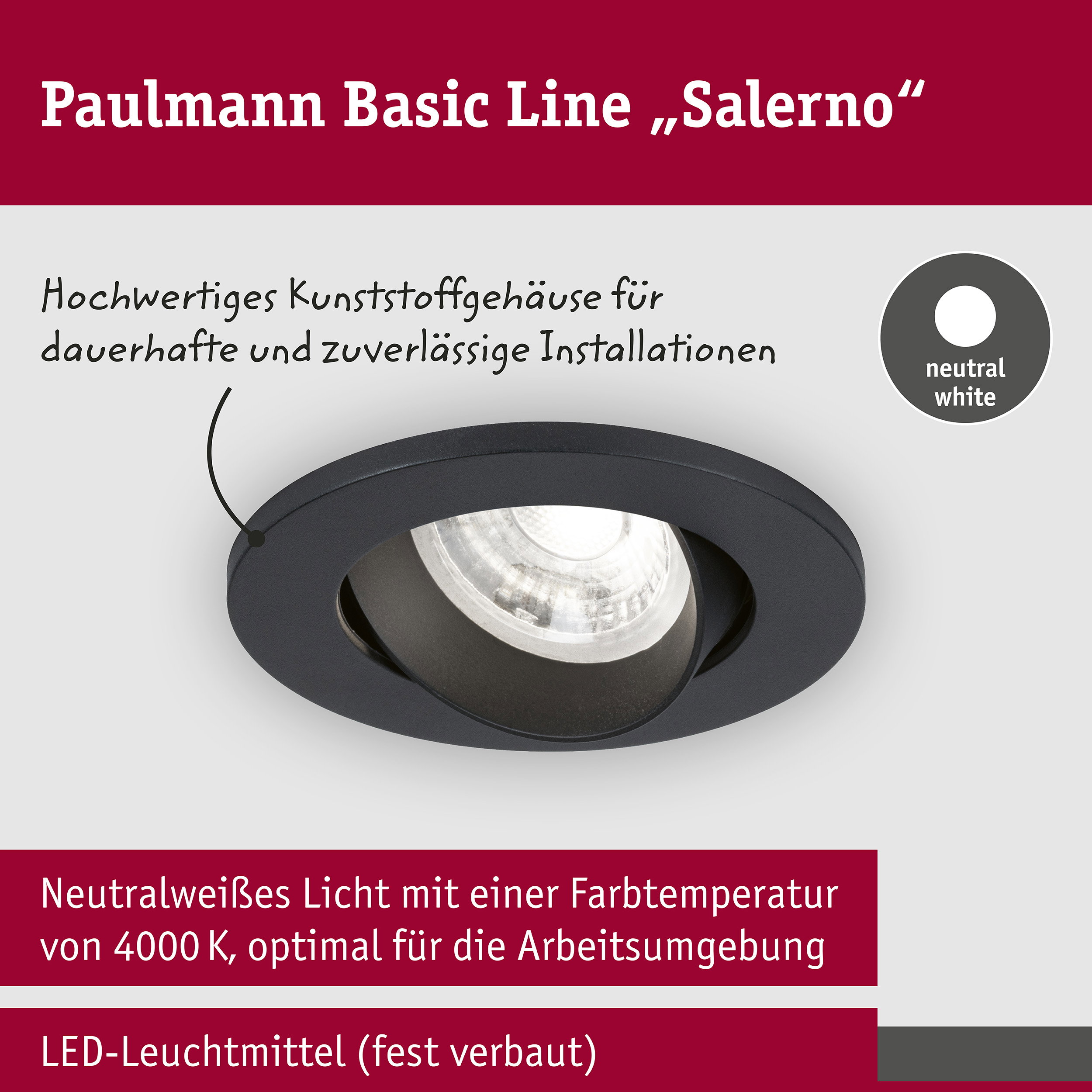 LED Einbauleuchte Salerno 4000K 67mm 3x204lm 3x2,9W Schwarz matt
