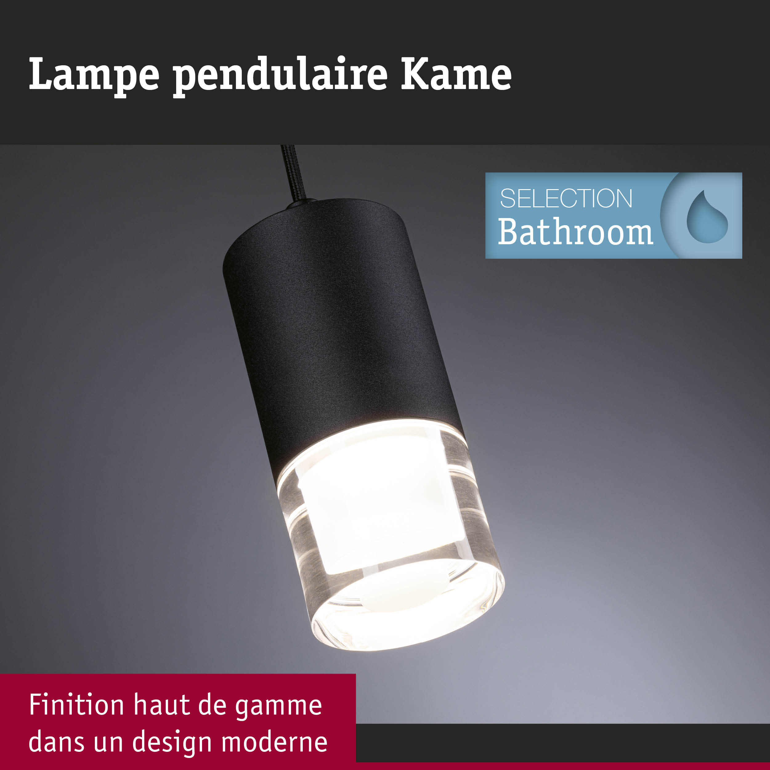 Lampe pendulaire Kame en métal noir avec verre transparent pour éclairage moderne de salle de bain