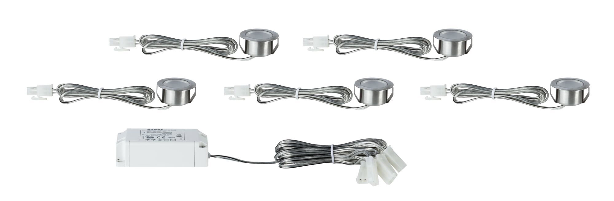 Ensemble de cinq spots LED encastrés ronds en acier inoxydable brossé avec câbles et transformateur