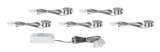 Set of five round LED recessed lights in brushed stainless steel with cables and transformer