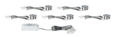 Ensemble de cinq spots LED encastrés ronds en acier inoxydable brossé avec câbles et transformateur