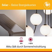 Solarleuchte mit schwarzem Solarpanel und weißen Kugellampen, Akku lädt durch Sonnenenergie