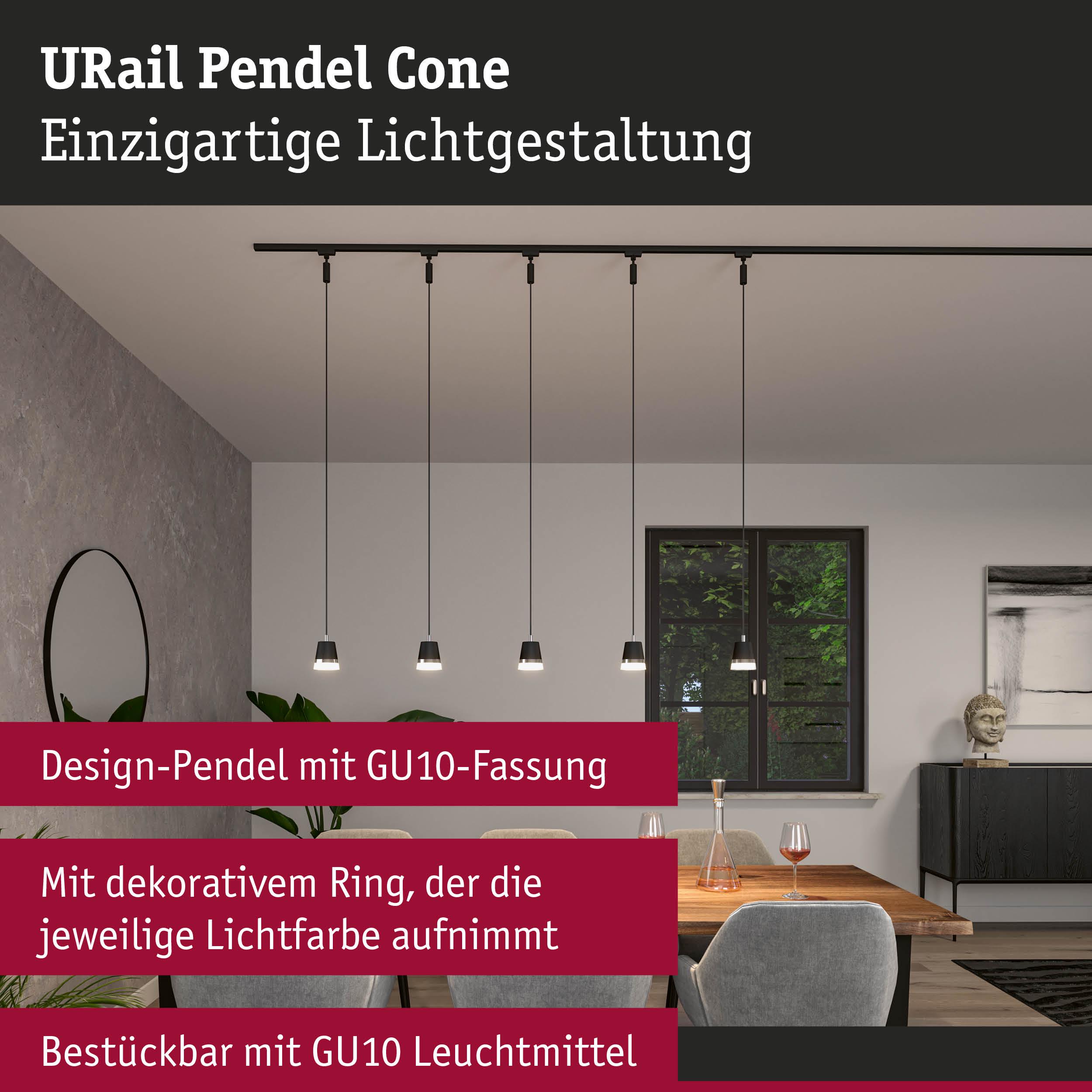 URail Pendel Cone schwarze Design-Pendelleuchte mit GU10-Fassung über Esstisch im modernen Raum