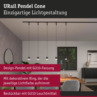 URail Pendel Cone schwarze Design-Pendelleuchte mit GU10-Fassung über Esstisch im modernen Raum