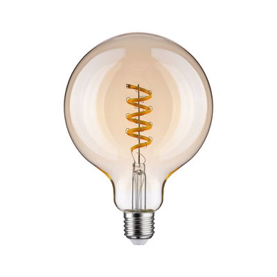 Round amber glass LED bulb with spiral filament for decorative lighting and warm ambiance