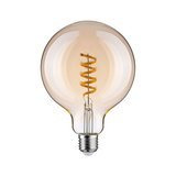 Round amber glass LED bulb with spiral filament for decorative lighting and warm ambiance