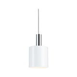 Modern white pendant light with cylindrical metal shade and chrome holder for living spaces.