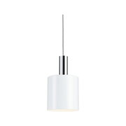 Modern white pendant light with cylindrical metal shade and chrome holder for living spaces.