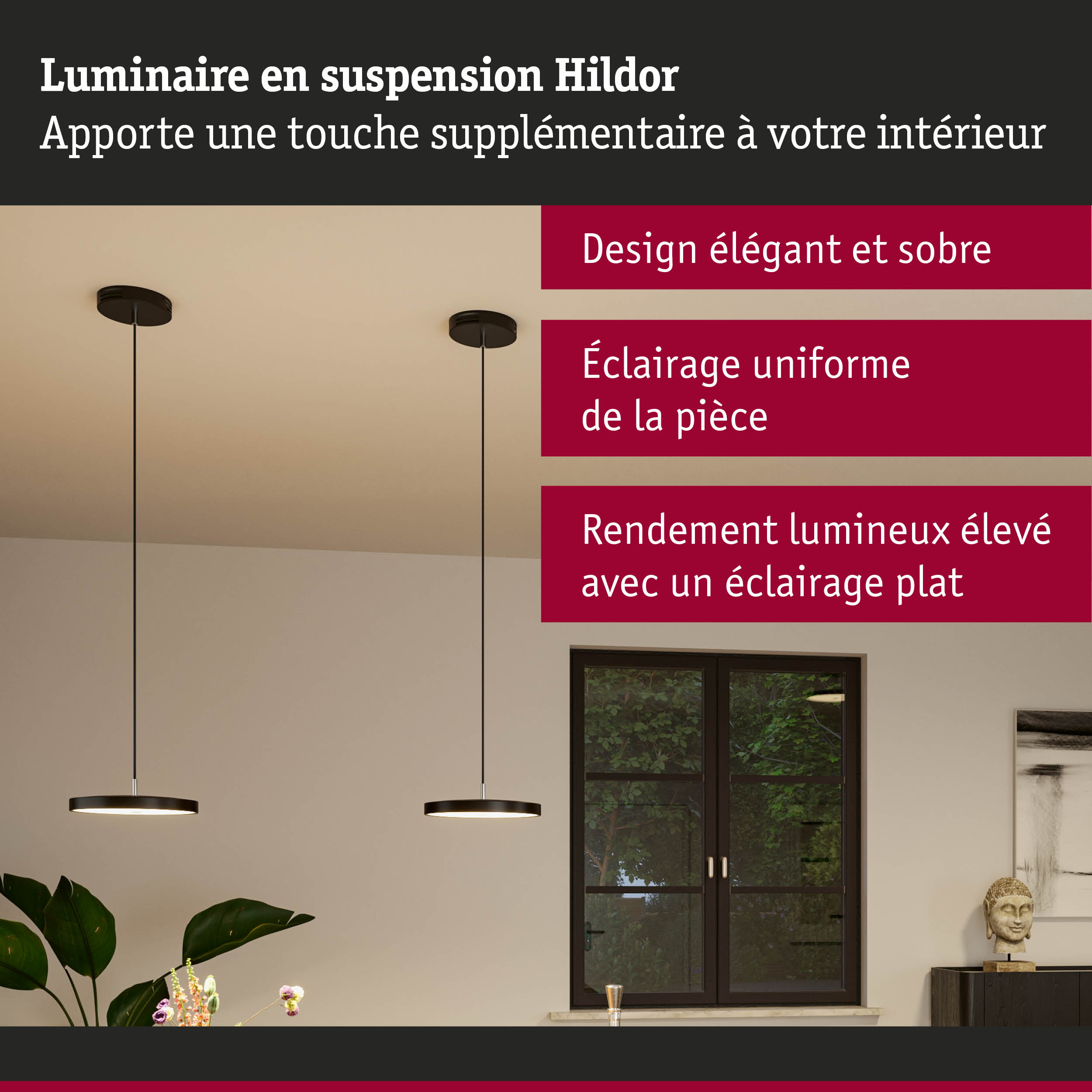 Luminaire suspendu Hildor noir au design élégant offrant un éclairage uniforme de la pièce