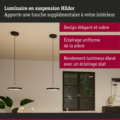 Luminaire suspendu Hildor noir au design élégant offrant un éclairage uniforme de la pièce