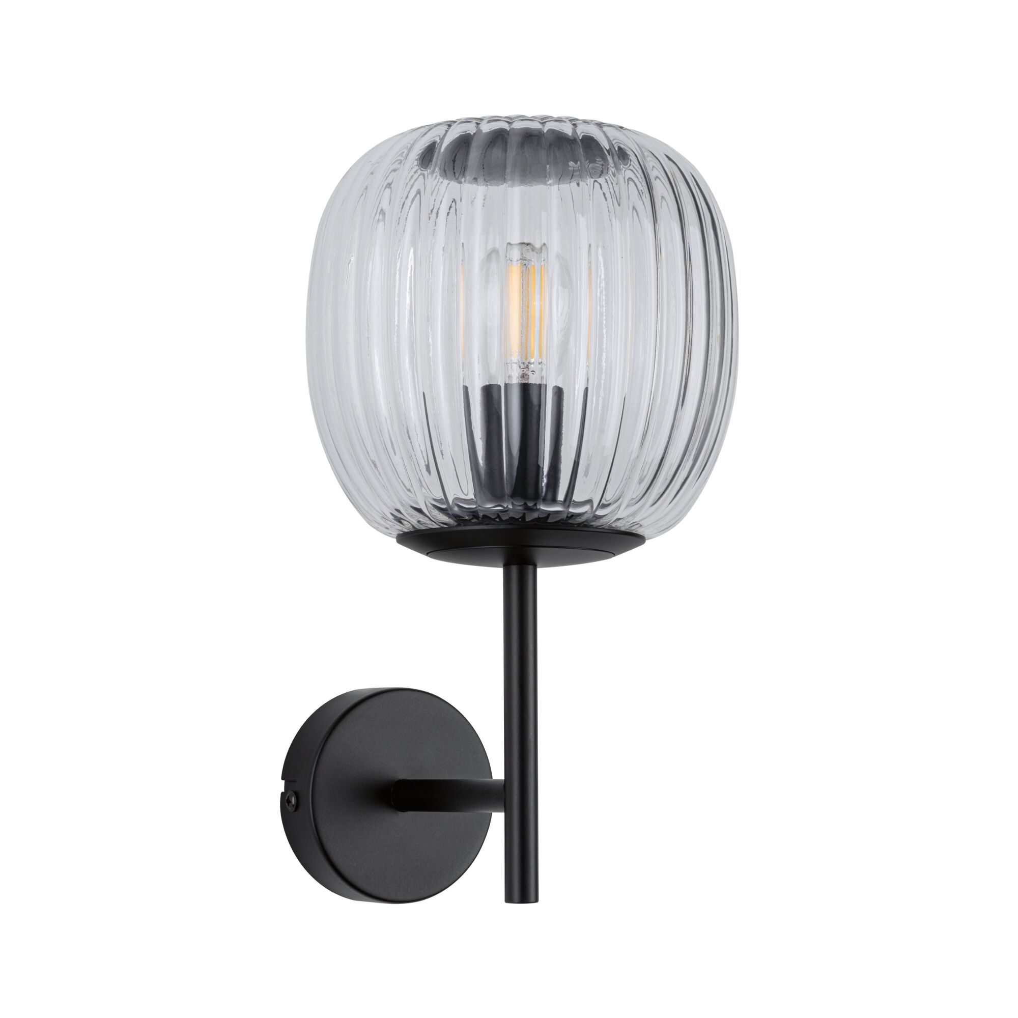Wall light with ribbed clear glass and matte black metal frame for modern indoor lighting