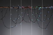 Mehrfarbige LED-Lichterkette mit schwarzen Kabeln an Ast hängend, Dekoration für Innen und Außen