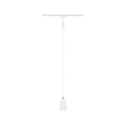 Minimalist white metal pendant light with slim lampshade and cable for track lighting system