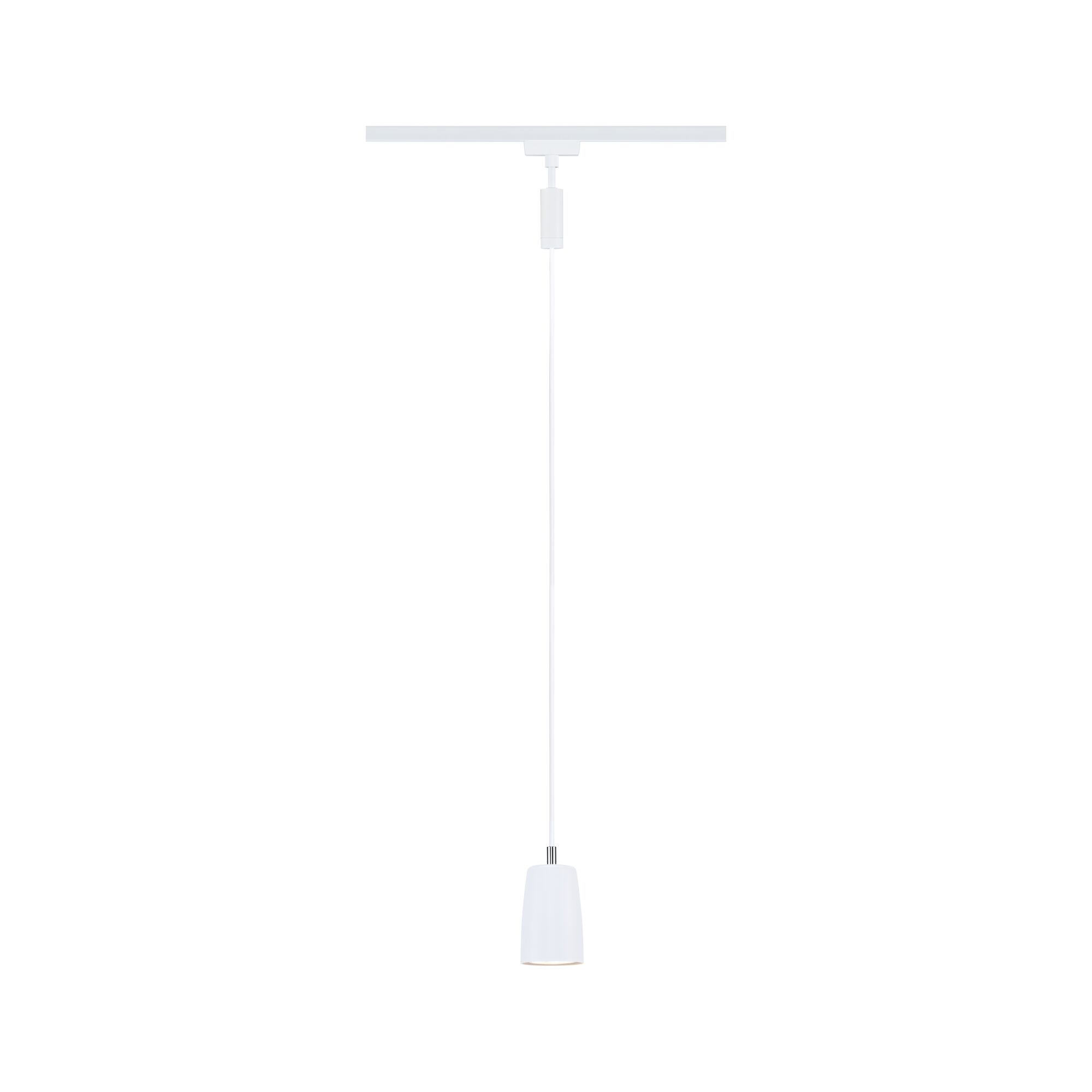 Minimalist white metal pendant light with slim lampshade and cable for track lighting system