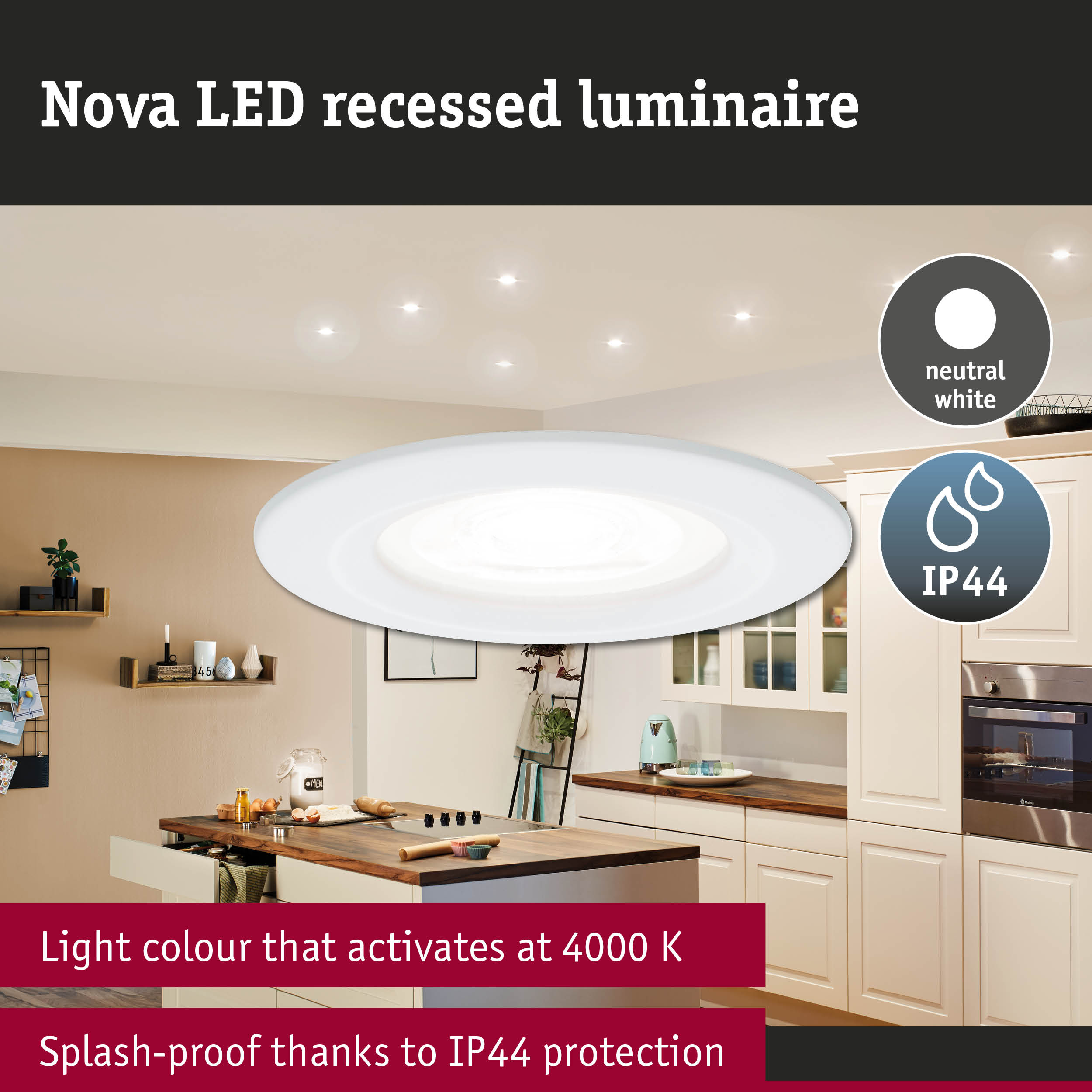 Nova LED recessed ceiling light in white with neutral white light and IP44 splash-proof for kitchen