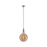 Pendant light with amber glass and visible spiral filament, metal fitting and fabric cable for interior lighting