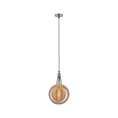 Pendant light with amber glass and visible spiral filament, metal fitting and fabric cable for interior lighting