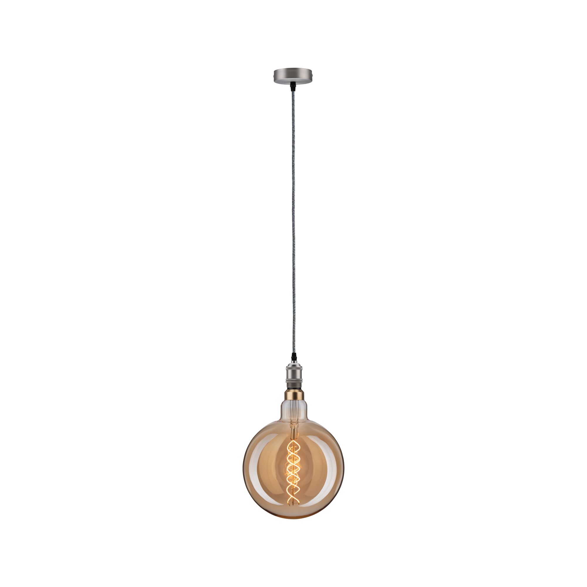 Pendant light with amber glass and visible spiral filament, metal fitting and fabric cable for interior lighting