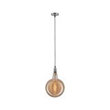 Pendant light with amber glass and visible spiral filament, metal fitting and fabric cable for interior lighting