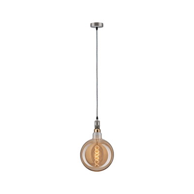 Pendant light with amber glass and visible spiral filament, metal fitting and fabric cable for interior lighting