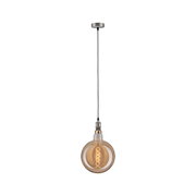 Suspension avec verre ambré et filament en spirale visible, support en métal et câble textile pour éclairage intérieur