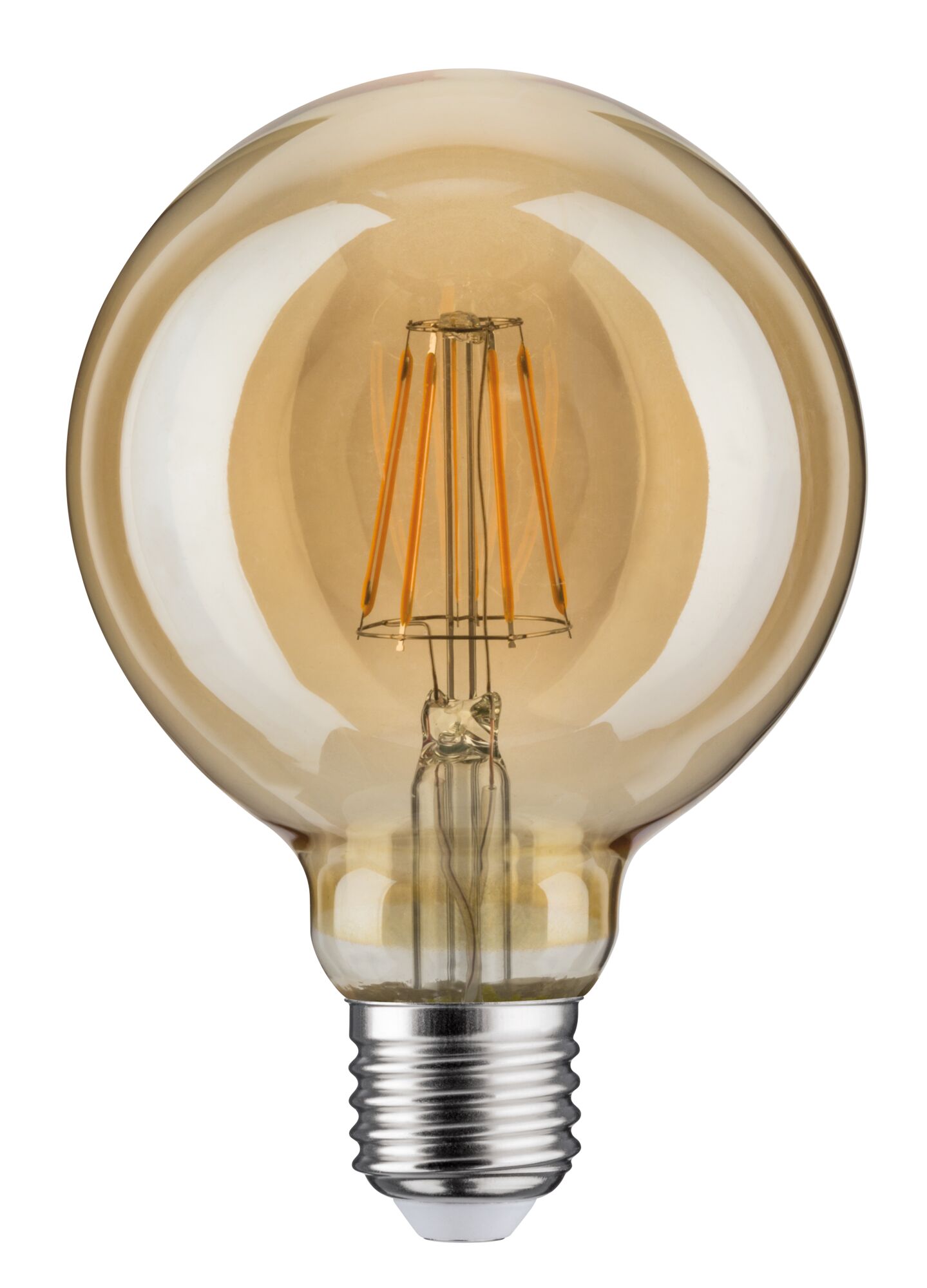 Round LED bulb with amber glass and visible filaments for decorative lighting and warm ambiance