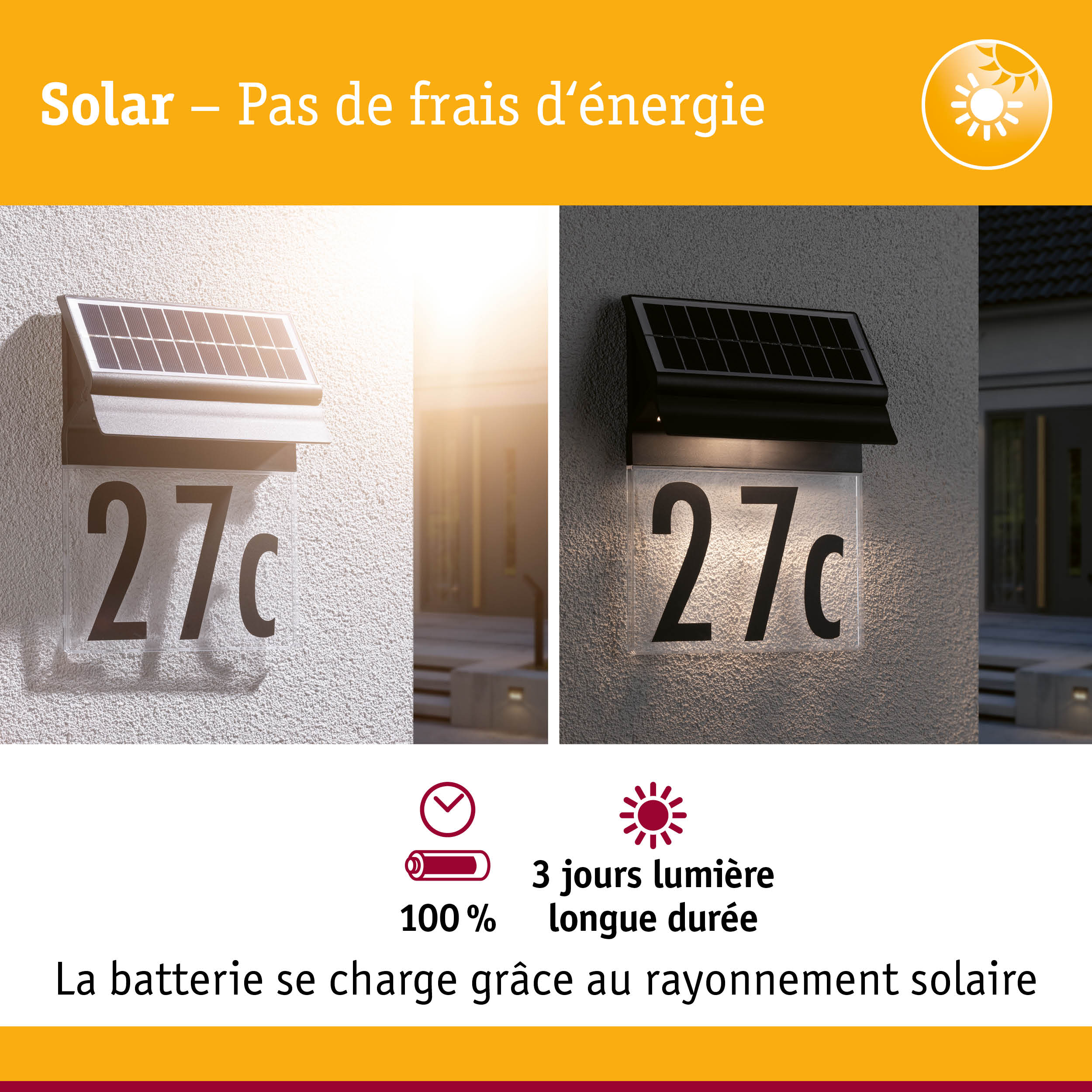Éclairage de numéro de maison solaire noir avec panneau solaire et LED pour usage extérieur
