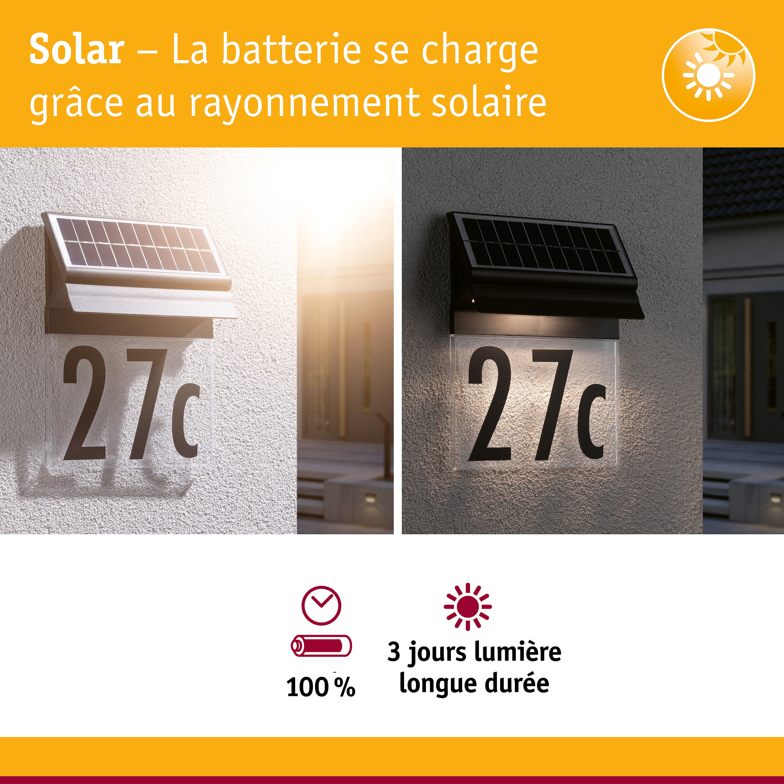 Éclairage de numéro de maison solaire noir avec panneau solaire et LED pour usage extérieur