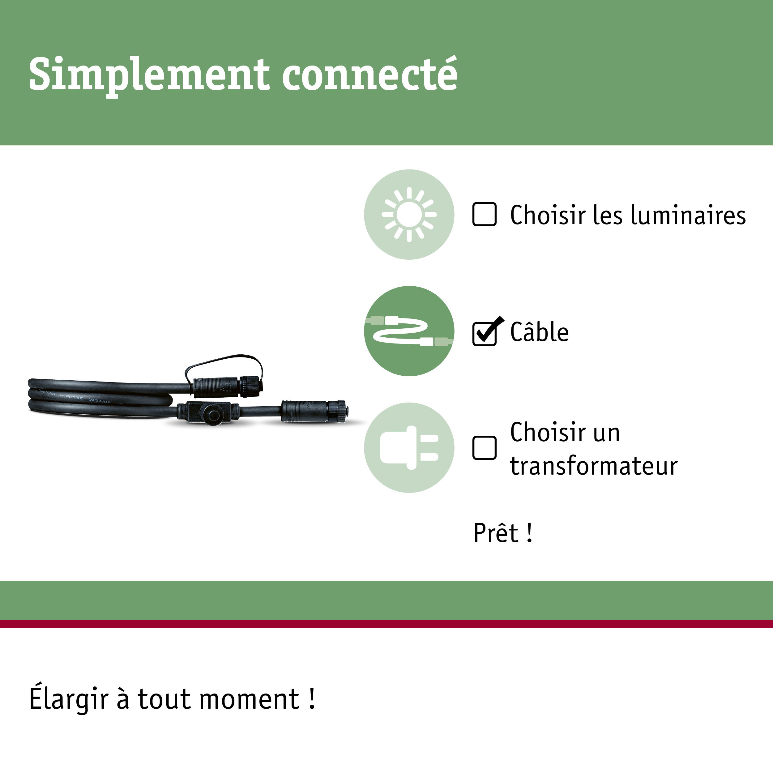 Câble de connexion noir avec prises pour systèmes d'éclairage, câble pour installation facile