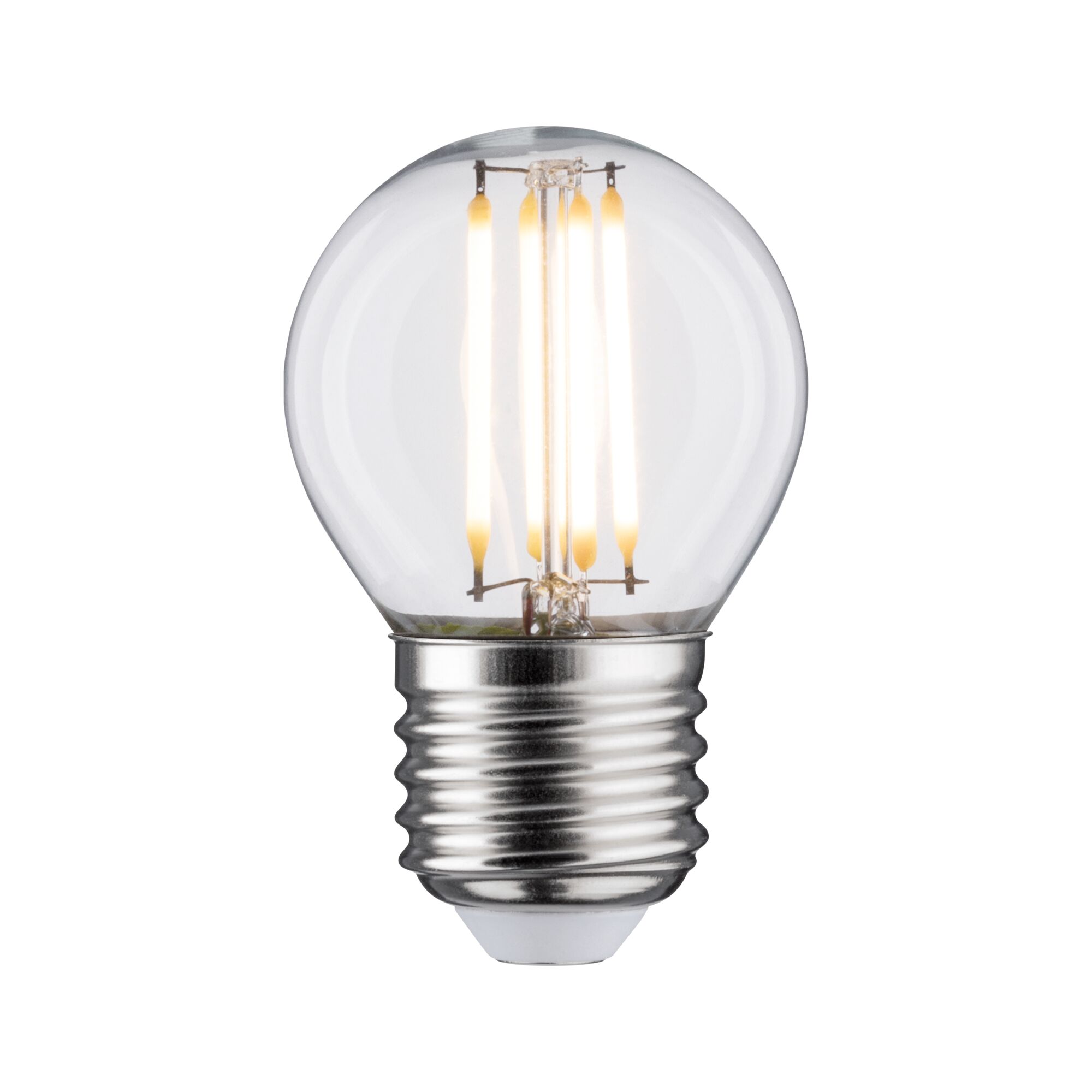 Kleine LED-Glühbirne mit transparentem Glas und silbernem Sockel für energiesparende Beleuchtung