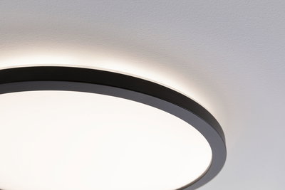 Rund loftlampe med sort metalramme og varmt hvidt LED-lys til moderne boligbelysning