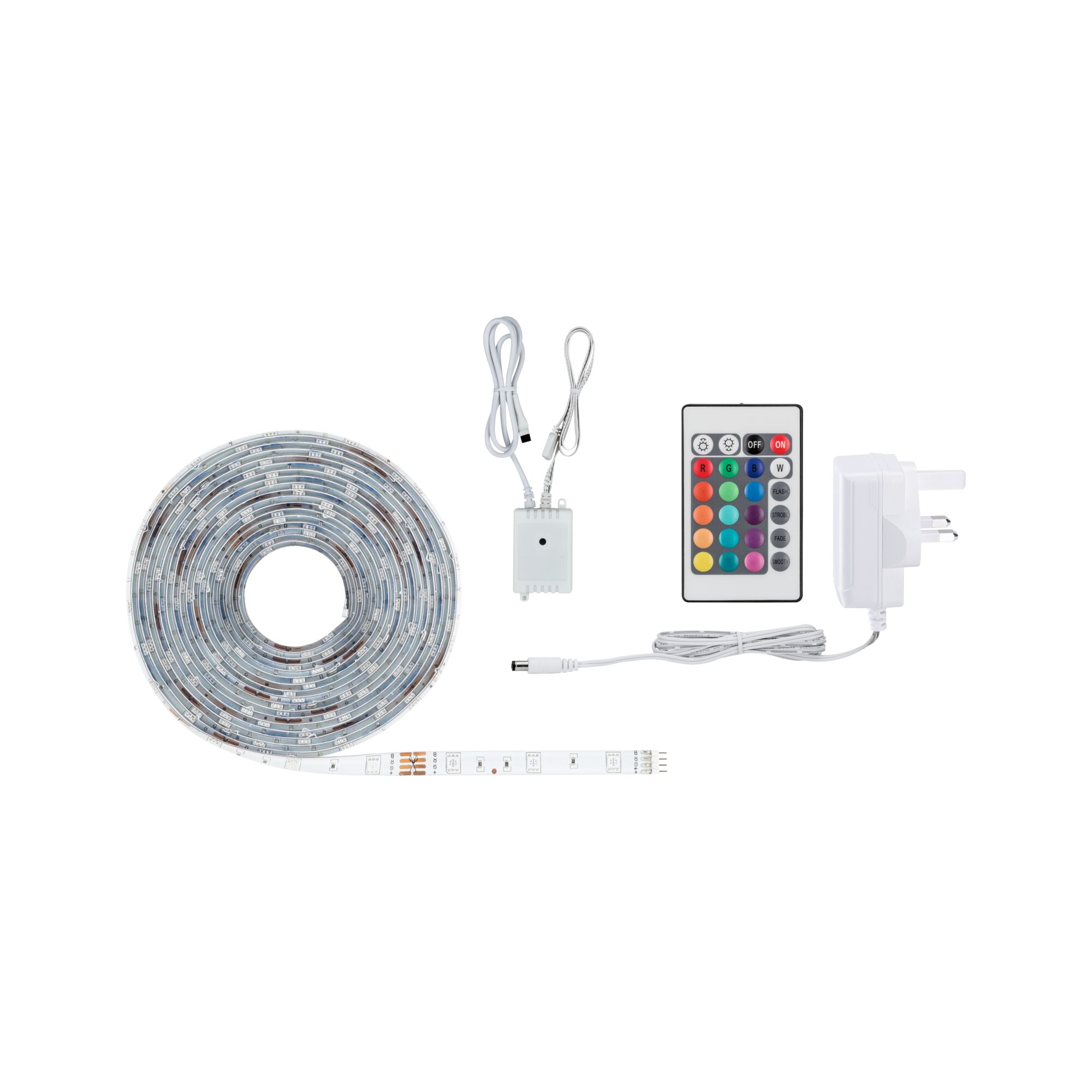 LED strip light with remote, power adapter and controller in white for flexible color lighting