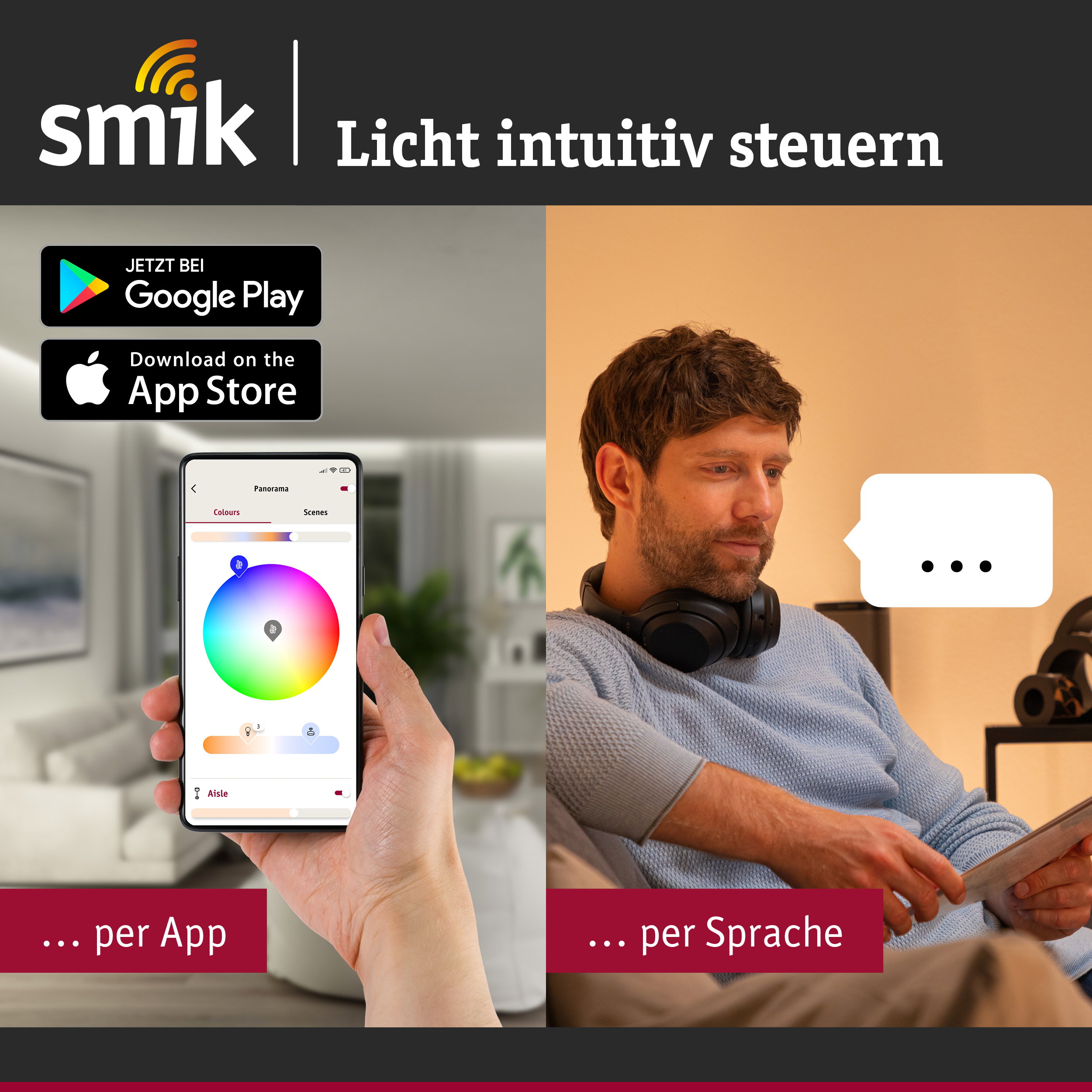Mann steuert Lichtfarbe per App auf Smartphone und Sprachbefehl im modernen Wohnzimmer