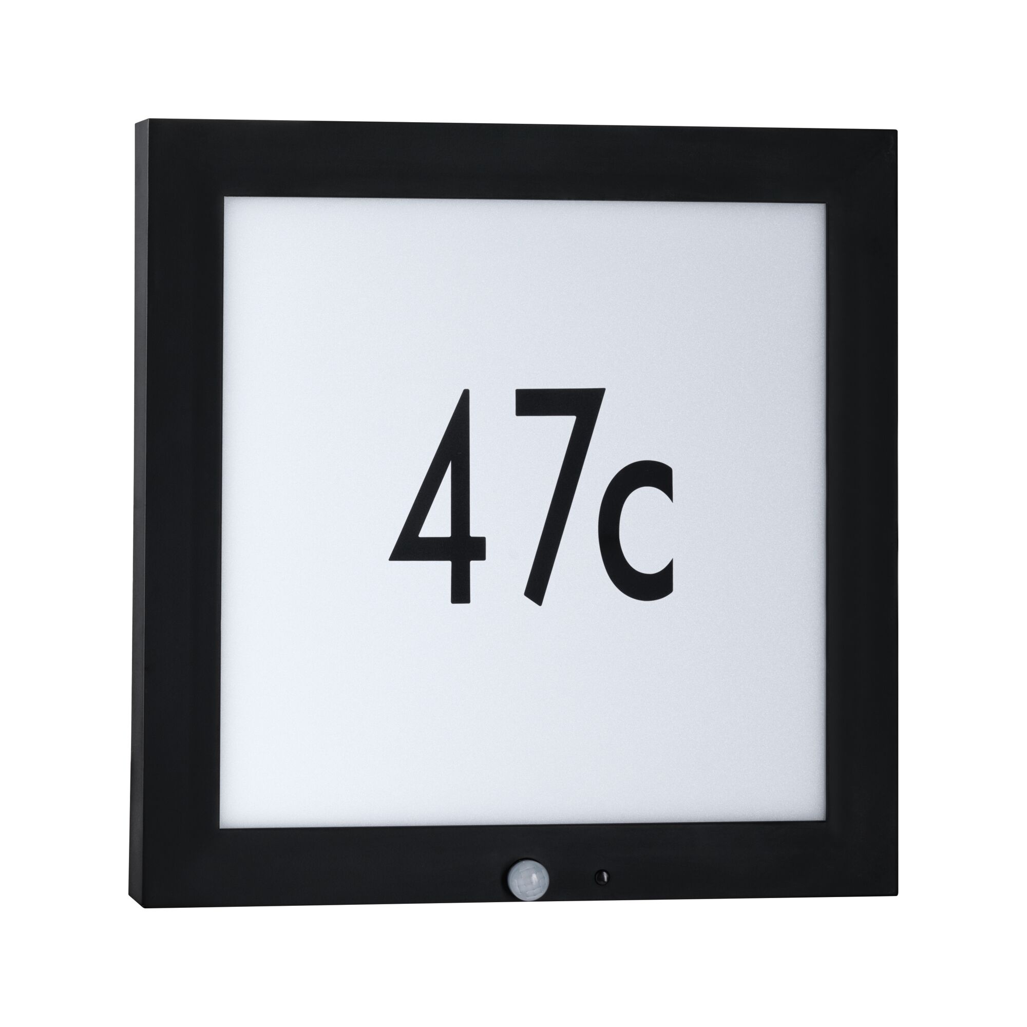 Plaque de numéro de maison LED noire avec détecteur de mouvement et fond blanc pour éclairage extérieur