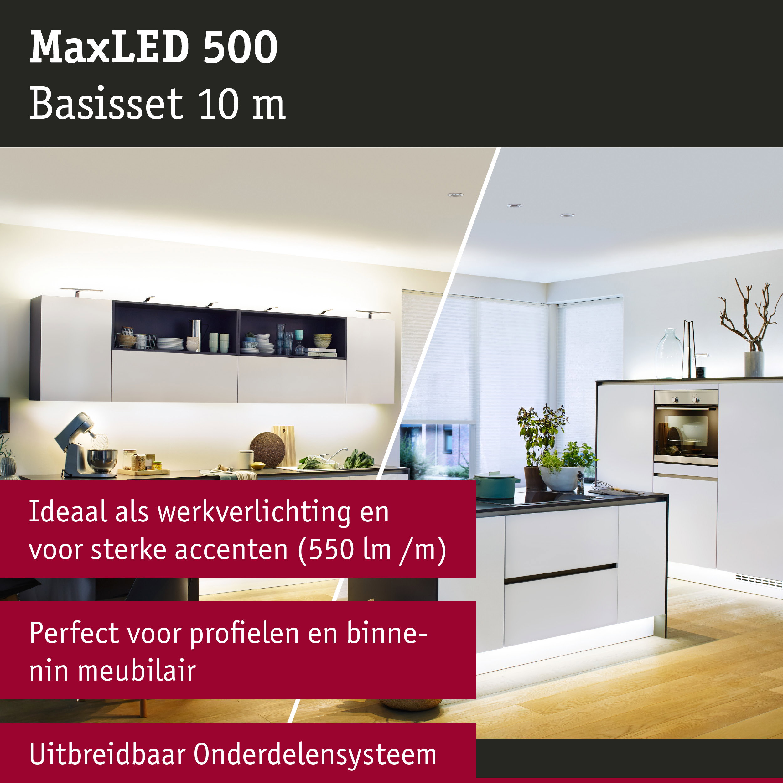 Moderne witte keuken met MaxLED 500 LED-verlichting voor werkbladen en accenten