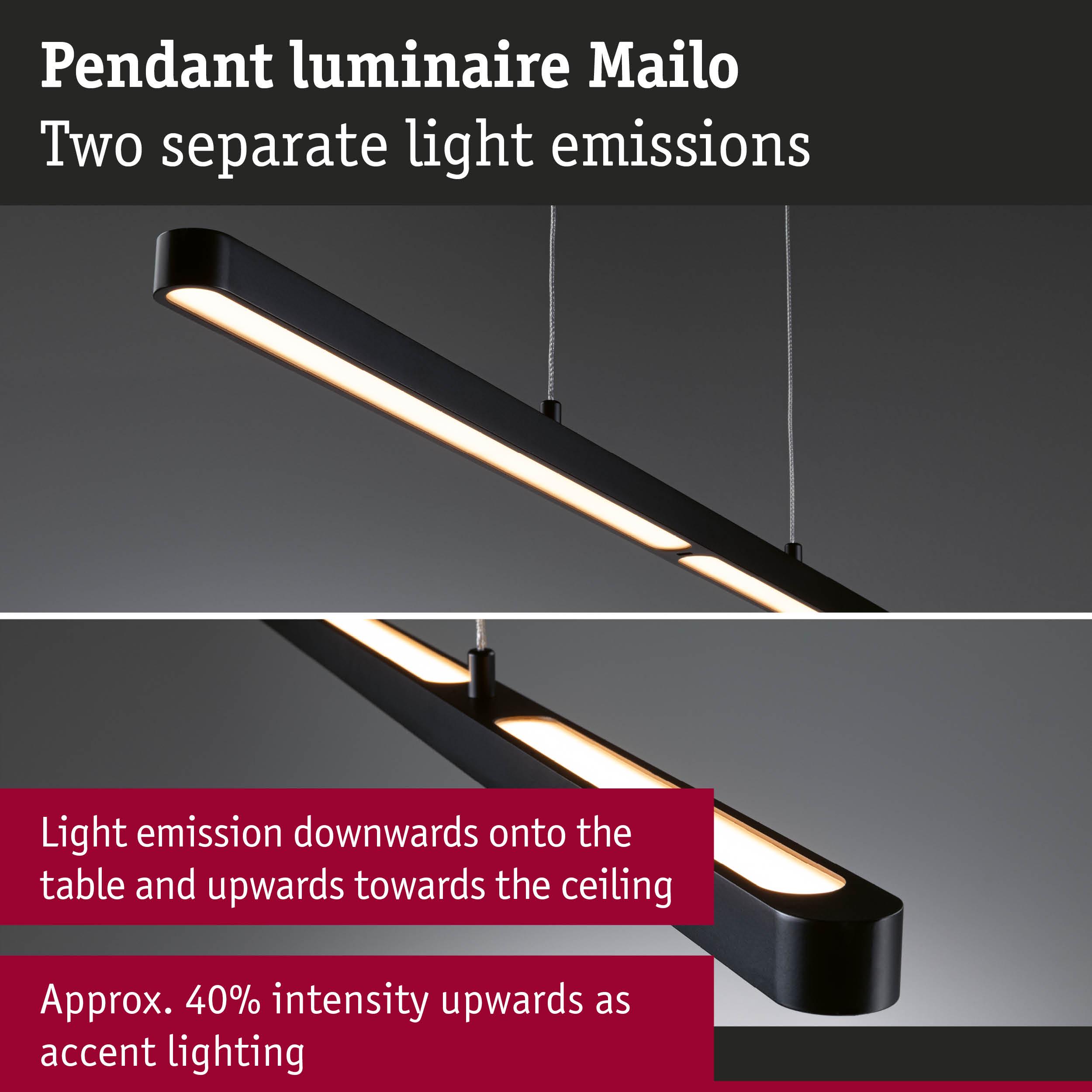Black Mailo pendant light in metal with dual light emissions for table and ceiling illumination