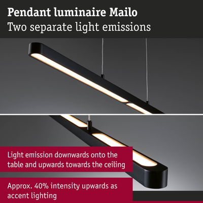 Black Mailo pendant light in metal with dual light emissions for table and ceiling illumination