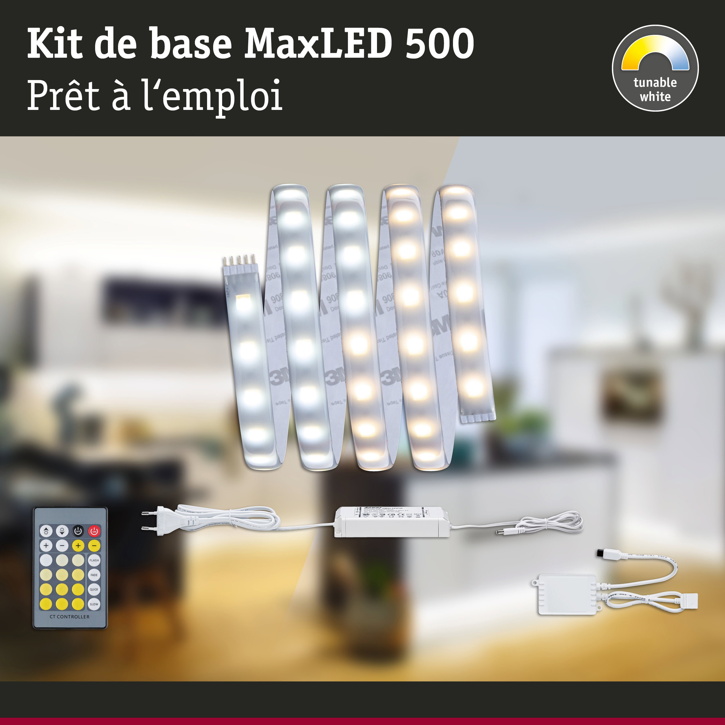 Kit bande LED MaxLED 500 avec télécommande et alimentation, lumière blanche réglable pour intérieur