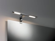 Modern chrome LED mirror light with warm white illumination for bathroom lighting