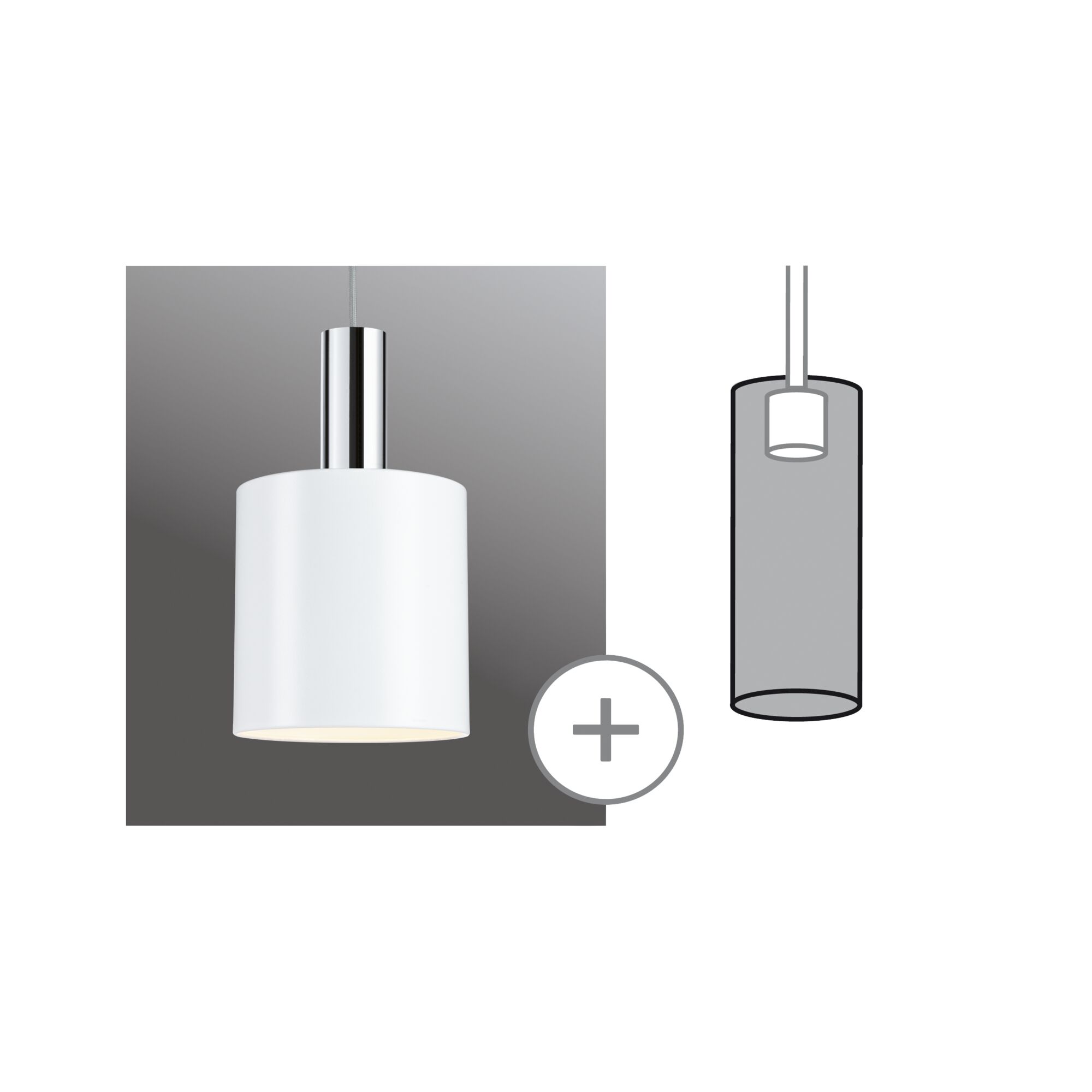 Modern white pendant light with cylindrical chrome metal top for stylish indoor lighting